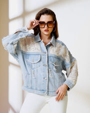 Denim Jacket with Floral Lace Panels