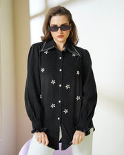 Washed Black Rhinestone Embellished Denim Shirt