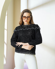 Designer Black Lace Pearl-Embellished Top