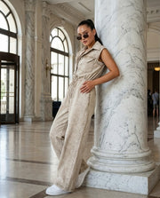 Sleeveless Denim Jumpsuit (Beige)