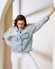 Denim Jacket with Floral Lace Panels