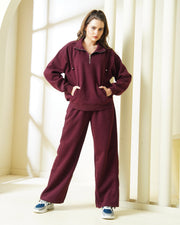 Maroon Quarter-Zip Sweatshirt & Wide-Leg Coord set