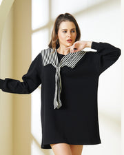 Women's Black Sailor Collar Sweatshirt Dress – Striped Tie-Neck Tunic