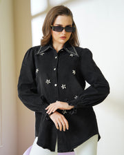 Washed Black Rhinestone Embellished Denim Shirt