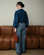 V-Neck Mandarin Collar Denim Blouse