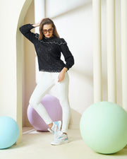 Designer Black Lace Pearl-Embellished Top