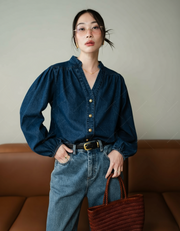 V-Neck Mandarin Collar Denim Blouse