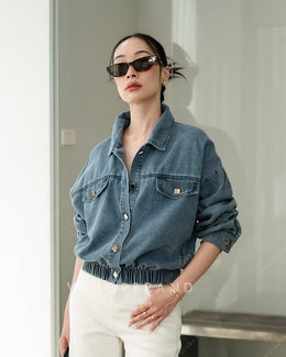 Cropped Denim Jacket with Elastic Hem